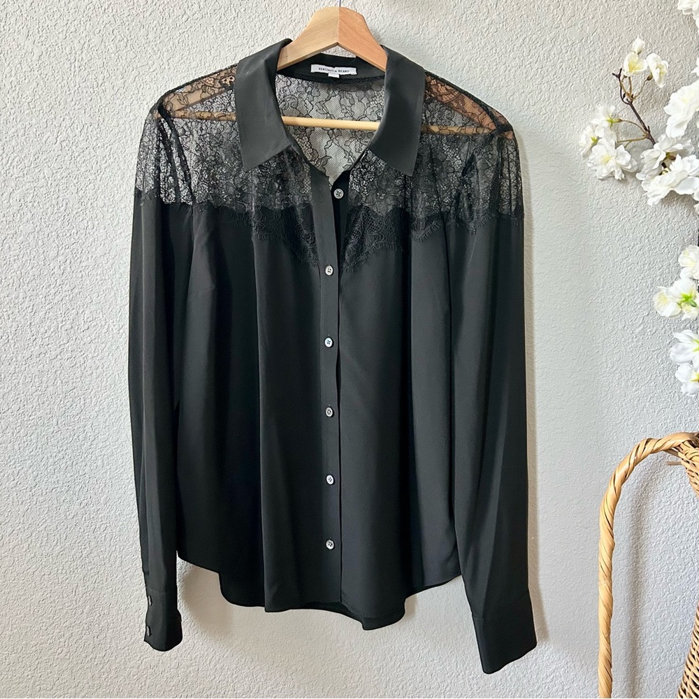 Veronica Beard Greer Lace Yoke Stretch Silk Shirt Size 12 Black Long Sleeve